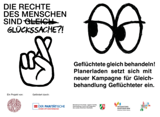 Plakat zur Kampagne mit der Aufschrift "Die Rechte des Menschen sind Glückssache" und die Logos der Förderer