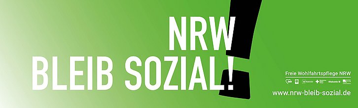 Grafik auf der in weißer Schrift auf gründem Hintergrund groß "NRW bleib sozial"" draufsteht